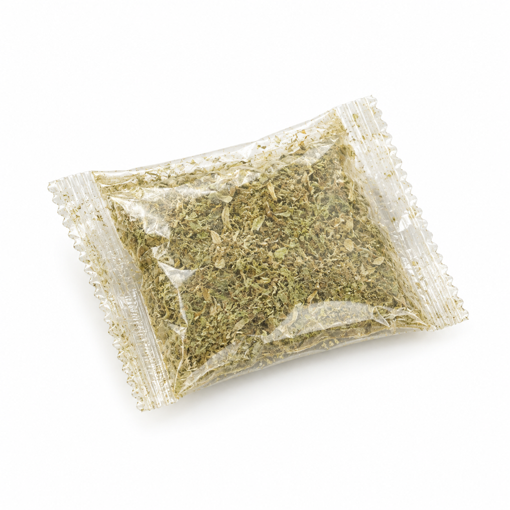 A single Mewnook catnip refill pouch, resealable and filled with dried catnip