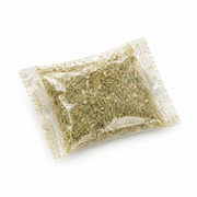 A single Mewnook catnip refill pouch, resealable and filled with dried catnip