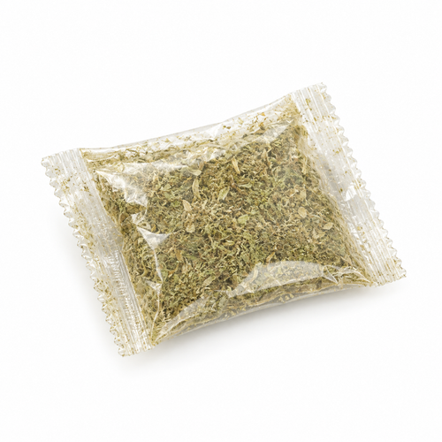A single Mewnook catnip refill pouch, resealable and filled with dried catnip