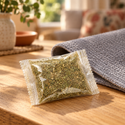 Mewnook catnip refill pouch beside a corner fitting at home