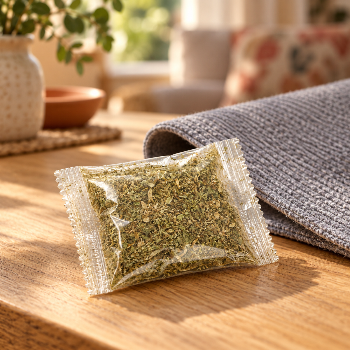 Mewnook catnip refill pouch beside a corner fitting at home