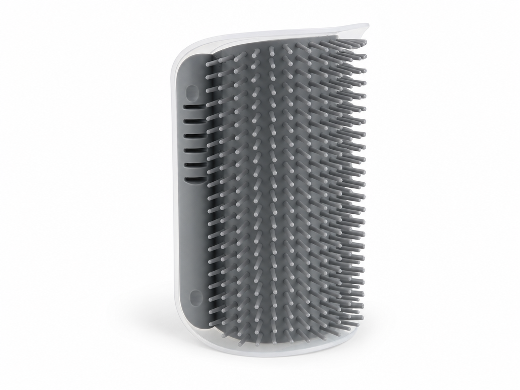 Mewnook corner groomer with soft grey TPR bristles on a plain background