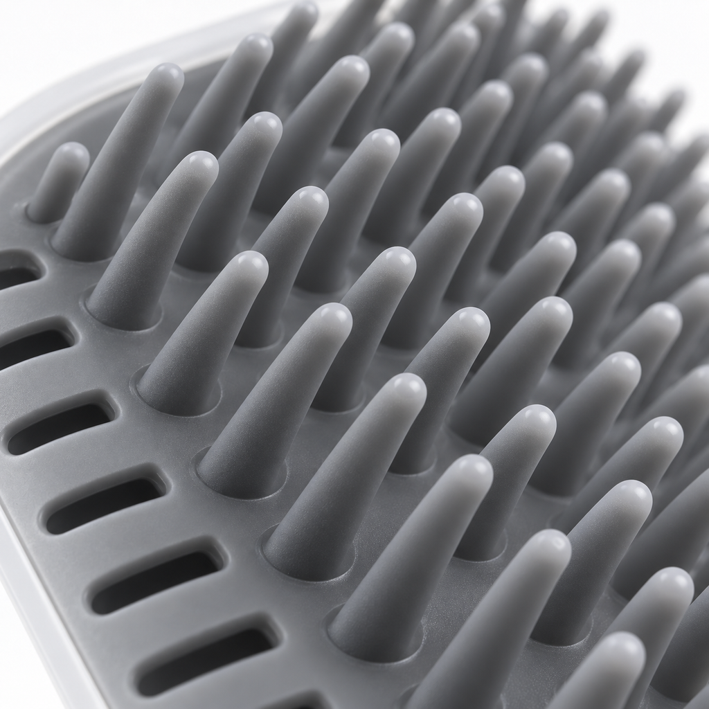 Close-up of the soft TPR bristles on the Mewnook corner groomer