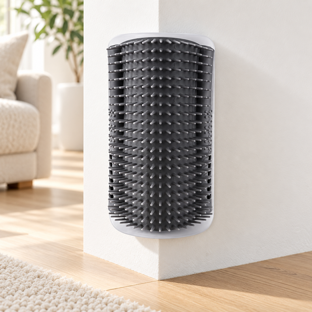 Mewnook corner groomer fitted into a wall corner in a bright living room