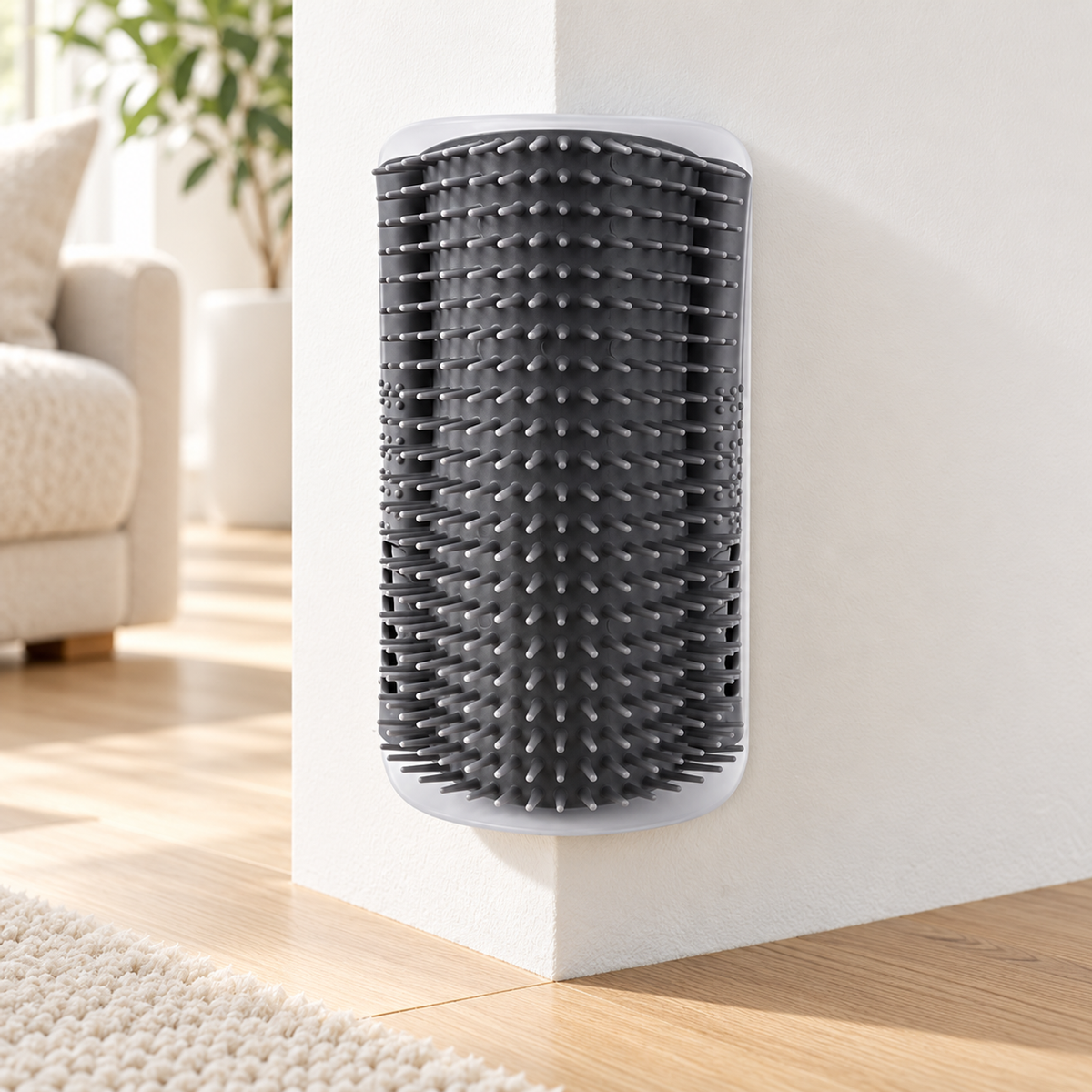 Mewnook corner groomer fitted into a wall corner in a bright living room