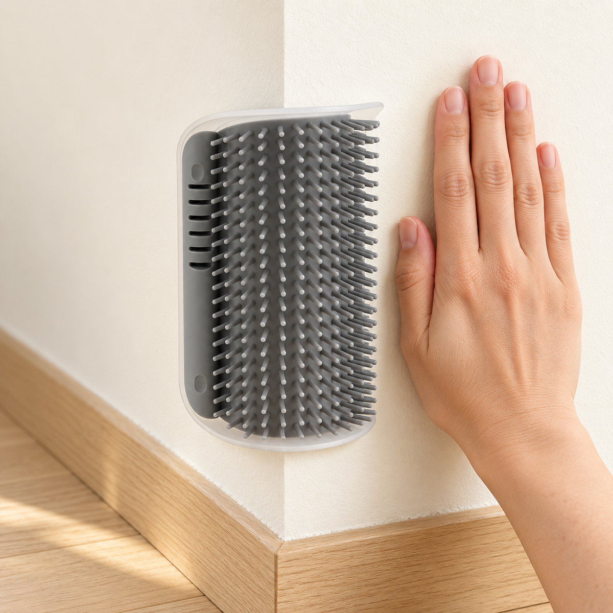 Mewnook corner groomer fitted to a wall corner, shown at room scale