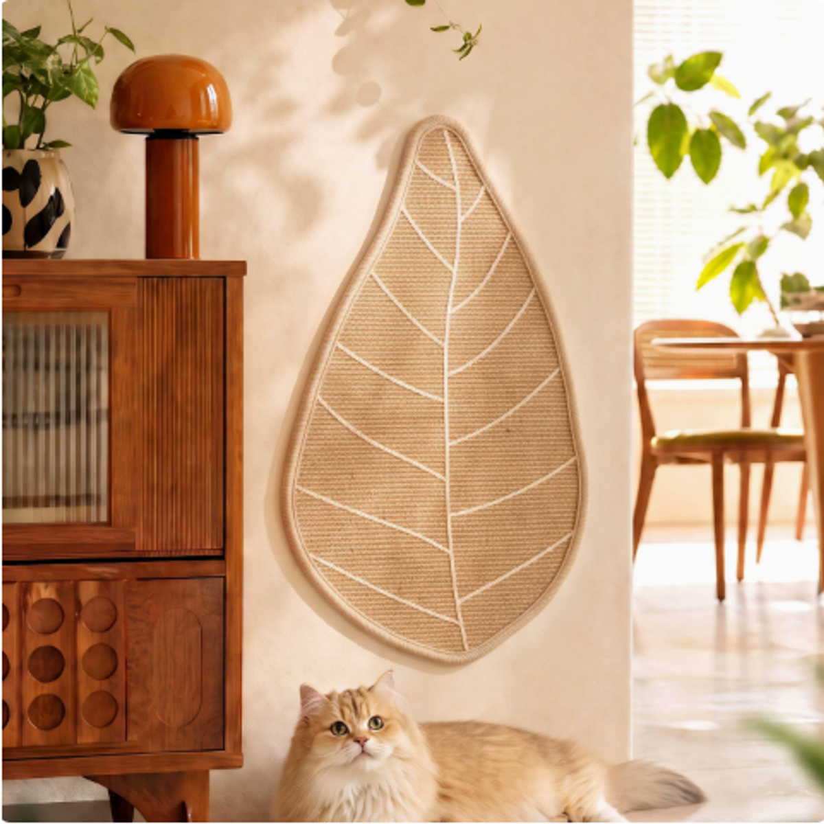 Close view of the Mewnook leaf wall scratcher showing woven sisal and rope vein detail
