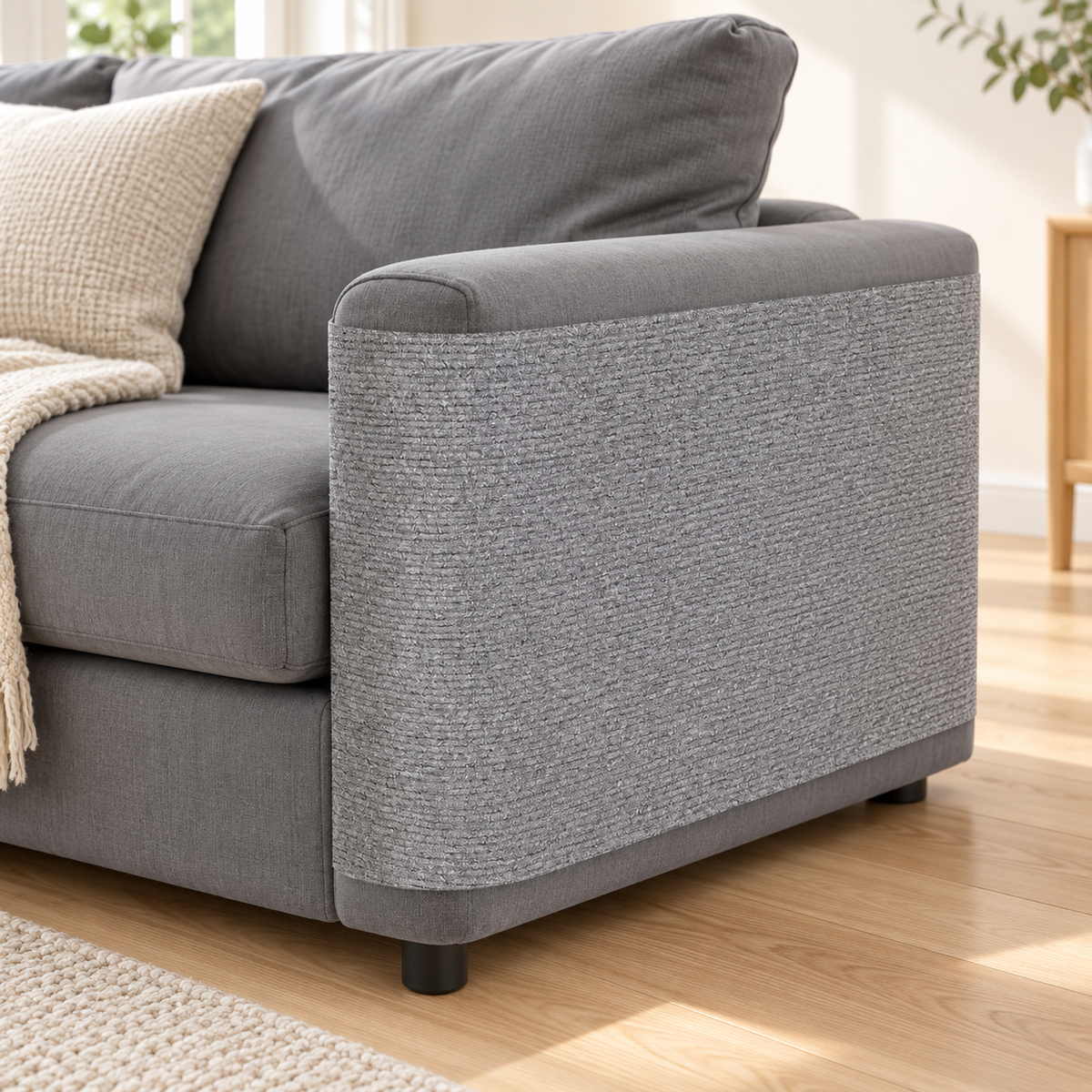 Mewnook scratch mat fitted to a grey sofa arm in a sunlit living room