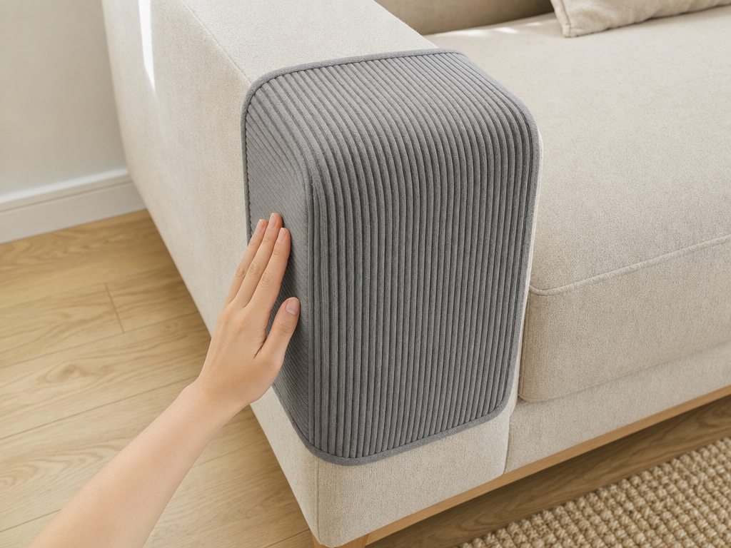 Mewnook scratch mat trimmed to size and fitted to a sofa arm